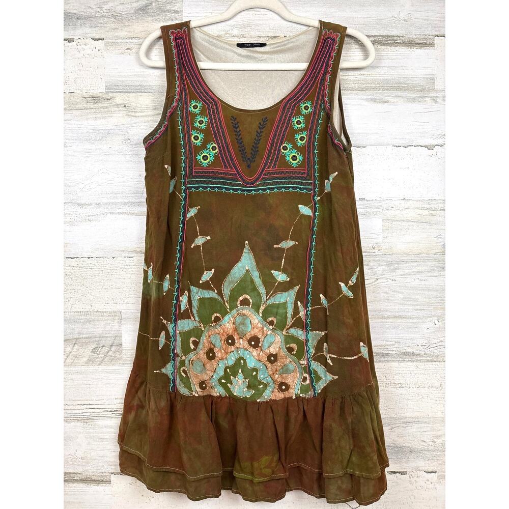 West 36th Womens M Brown Multi Embroidered Ruffle Dress Boho Festival